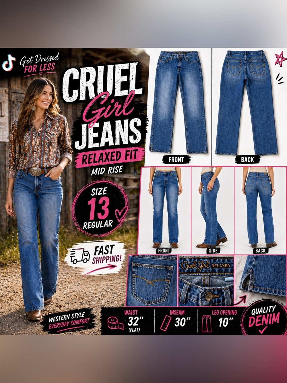 Cruel Girl Relaxed Fit Jeans Size 13R Blue Denim Western Cowgirl Mid Rise - Picture 2 of 15